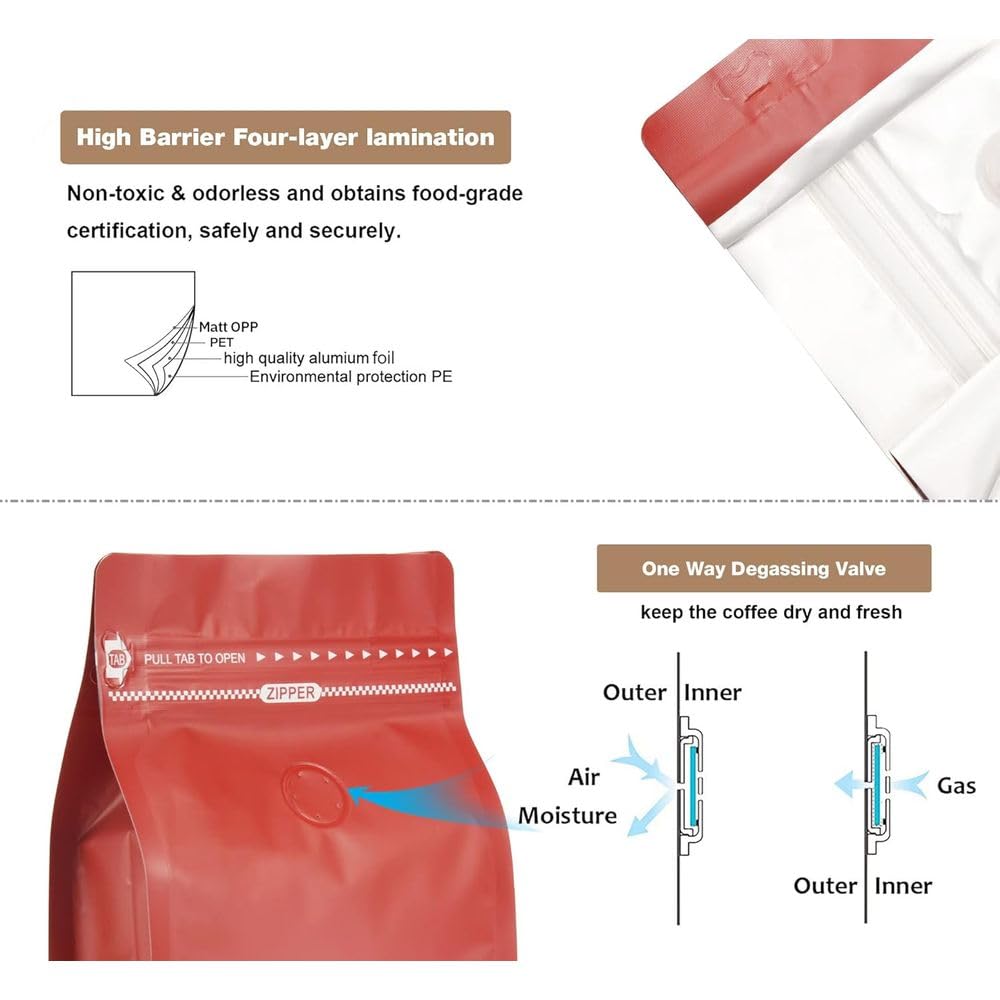 Bolsas de café con válvula 50 bolsas rojas 12 oz revestimiento aceite, alta barrera for desgasificación, almacenamiento alimentos cierre hermético pestaña for tirar, paquete
