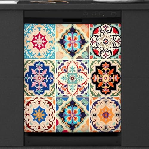 Mexpekil Bunte Boho-Keramikfliesen-Geschirrspüler-Magnetabdeckung, 53,3 x 66 cm, dekorativ, wasserdicht, Geschirrspüler, magnetischer Aufkleber für Küchengeräte