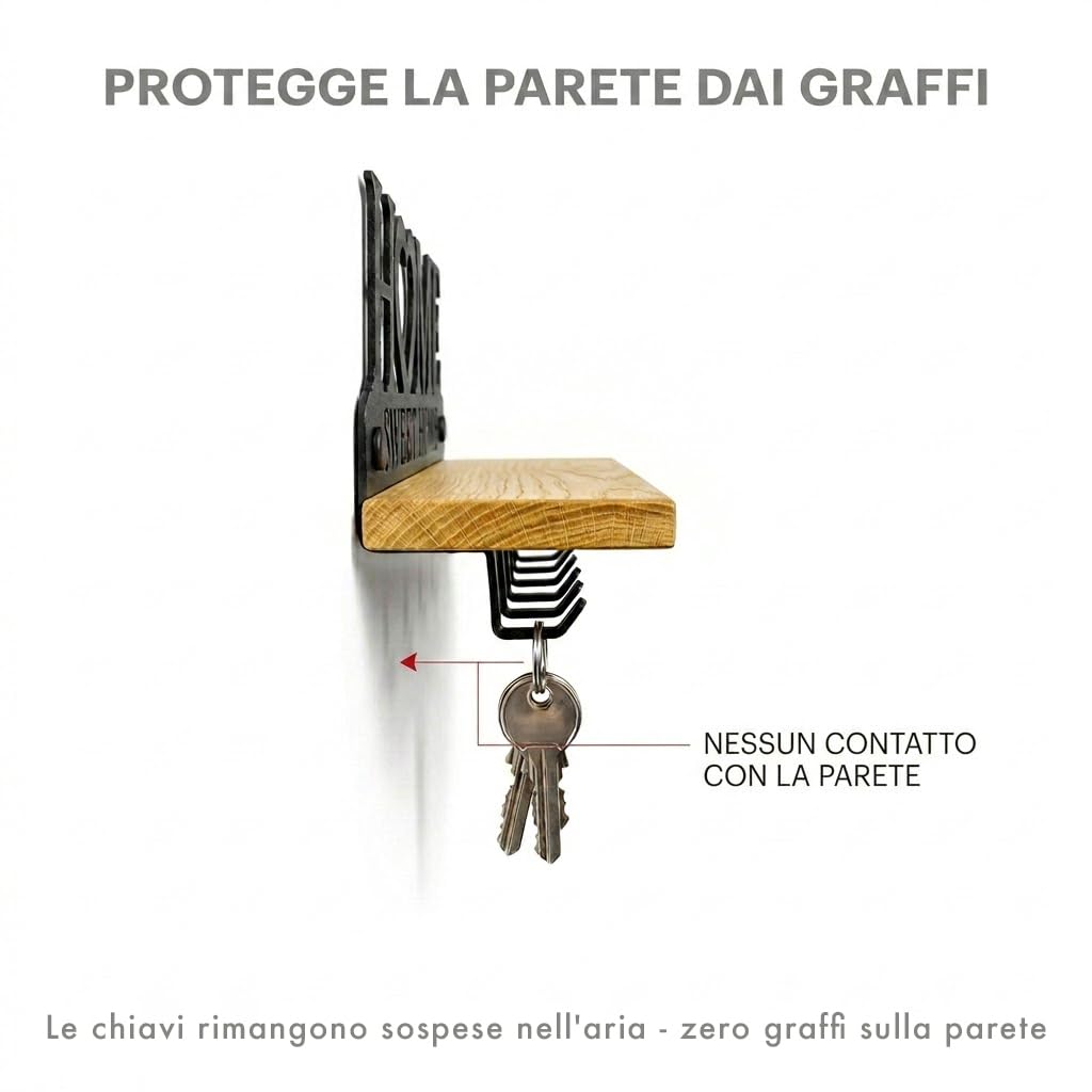 Portachiavi con Mensola in Legno Massello e Metallo – Organizer da Parete con 8 Ganci – Targa Home Sweet Home per l’ingresso
