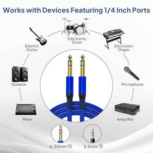 Image of Elebase 1 /4 Inch TRS Instrument Cable 20ft 2-Pack,Straight 6.35mm Male Jack Stereo Audio Interconnect Cord,6.35 mm Balanced Line for Electric Guitar,Bass,Keyboard,Mixer,Amplifier,Amp,Speaker,Equalizer