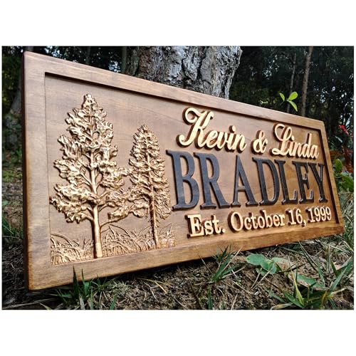 Product Image of the Rustic Wedding Signs Wood Wall Art Personalized Couples Gift Ideas Family Last Name Custom Name Sign Lakehouse Hunting Lodge Home Decor Tree Carved Wooden Cabin 5 Year Anniversary