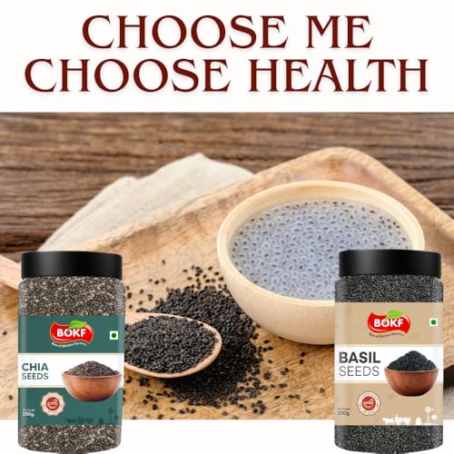 Image of BOKF Basil Seeds (Sabja) + Chia Seeds Combo Pack | Raw Superfoods | Rich in Fiber, Omega-3 & Protein | Ideal for Weight Management, Detox Drinks 300g