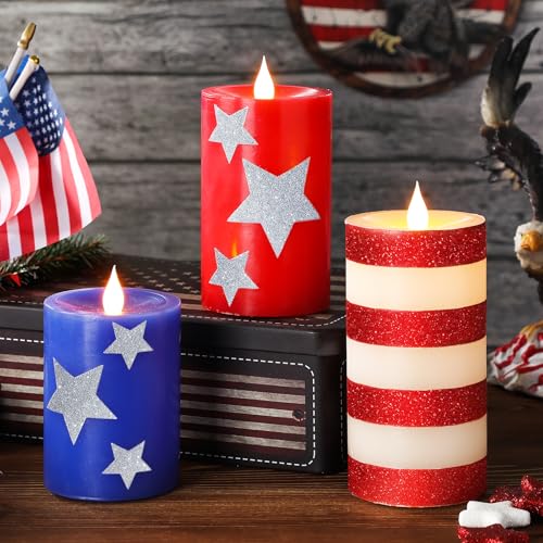 LCZLUMIPRO Set of 3 Patriotic Flameless Candles, Red White and Blue Battery Operated Pillar Candles, Patriotic Candles for 4th of July Independence Day Home Decor