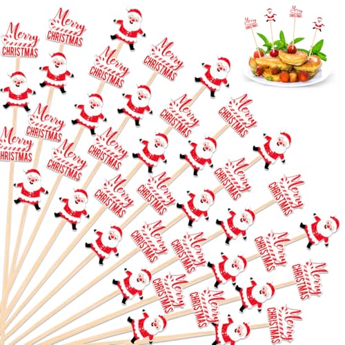 SRIZIAN 100Pcs Christmas Cocktail Picks for Appetizers, 5.1inch Merry Christmas Letter and Santa Bamboo Cocktail Sticks Toothpicks for Drinks Snacks Fruit Christmas Parties Food Decoration