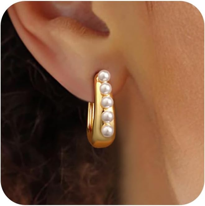 Pearl Earrings for Women, Trendy 14k Gold Pearl Dangle Drop Hoop Huggies Earrings Cubic Zirconia | Irregular | Knot Pearl Studs Hypoallergenic Lightweight Wedding Gold Earrings Jewelry Gift