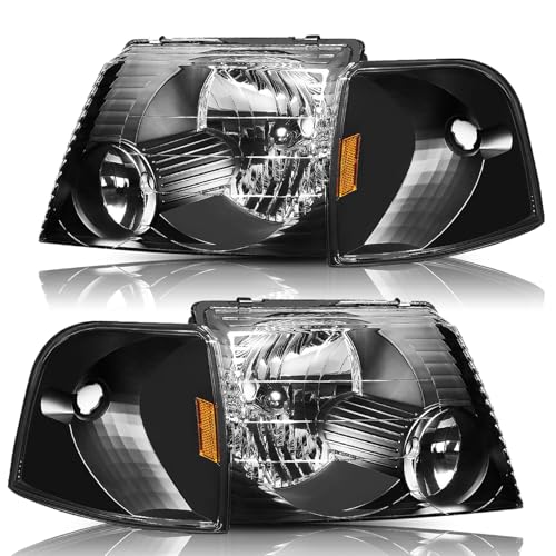 BRYGHT Headlight Assembly Replacement for 2002 2003 2004 2005 Ford Explorer w/Corner Lights 4pcs Driver & Passenger Side (Black Housing with Amber Reflector)