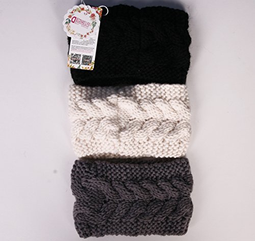 Decova'sLife 3 Pack Womens Knit Headband & Hairband (Black-white-gray)