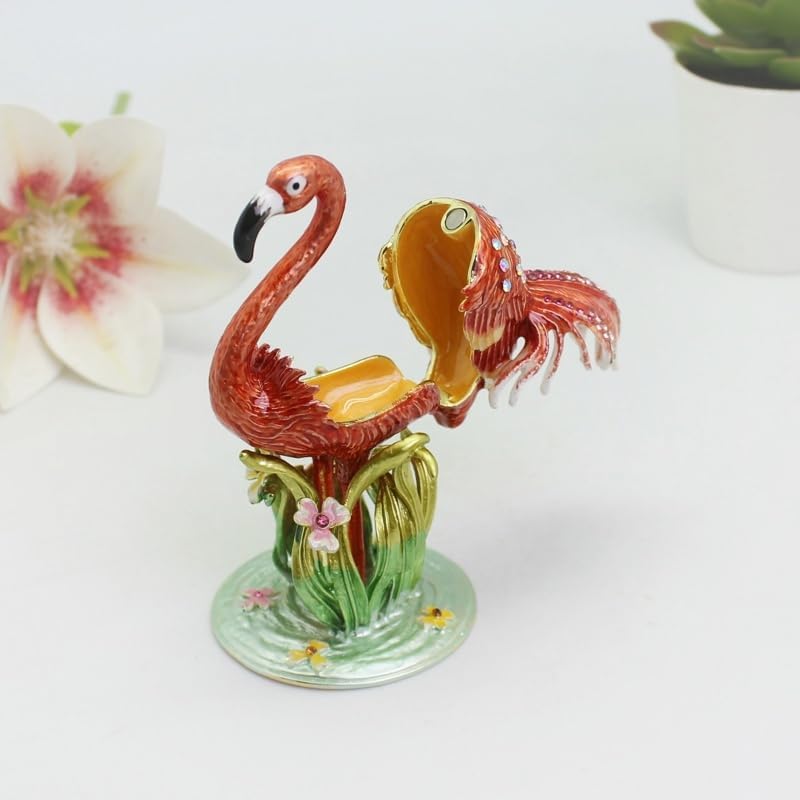 HUFFA Flamingo Trinket Box - Metal Enameled Bird Jewelry Organizer for Rings and Small Accessories(White)