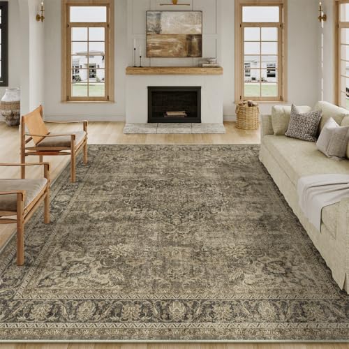 9x12 Brown Vintage Area Rug for Living Room Bedroom Large Traditional Low Pile Soft Carpet Non-Slip Thin Retro Distressed Accent Washable Throw Rug for Dining Room Office Kitchen Indoor