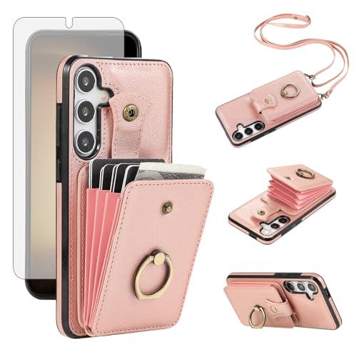 Phone Case for Samsung Galaxy A35 5G Wallet Cell Cover with Screen Protector and Crossbody Strap Ring Stand RFID Credit Card Holder Full Body Protective Leather A 35 35A A355G Women Girls Rose Gold