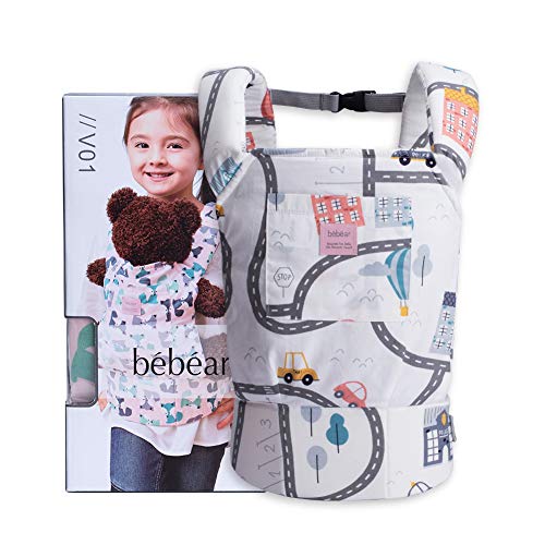 Bebamour Baby Doll Carrier for Kids Front and Back Carrier Original Cotton Baby Carrier for Doll for Boys & Girls (White Traffic)