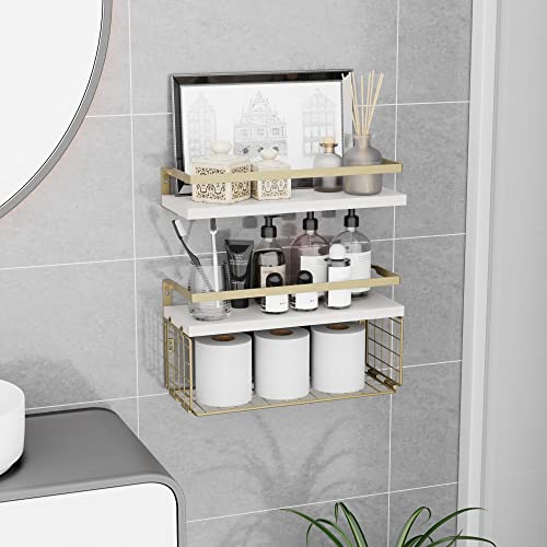 Mzf Floating Shelves With Wire Storage Basket For Toilet Paper, Wall Decor For Bathroom/Living Room/Kitchen/Bedroom, (Gold-White-Gold) Shelves For Home Decor #TOP2