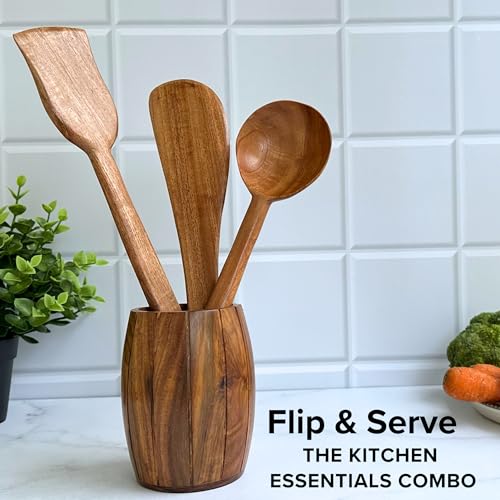 Image of FiABLE Pure Neem Wood Spatula Set for Cooking | Dosa Spatula Set | Wooden Spatula for Baking and Mixing | No Polish, Naturally Antimicrobial and Non Stick - Neem Wood Flip & Serve Set of 3