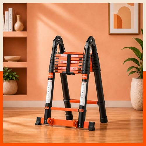 Image of Bathla 18.5 Ft A-Type Foldable Steel Telescopic Ladder with Support Wheels | Portable, Compact & Multipurpose Ladder for Home, Industrial and Outdoor Use