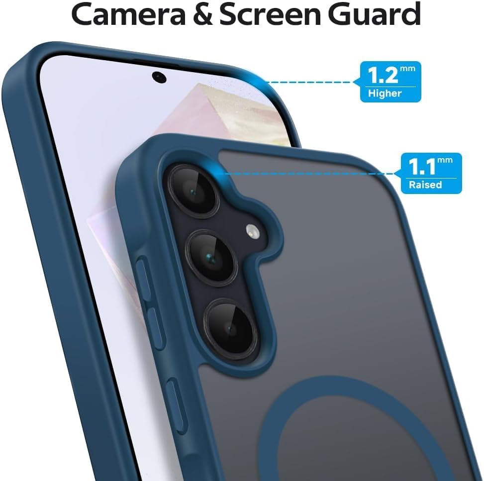 Image of Elzzi Magnetic Magsafe Case for Samsung Galaxy A55 5G Cover, Compatible with MagSafe Translucent Matte Hard PC + TPU Hybrid Back Cover, Shockproof Protective Phone Case (Blue)