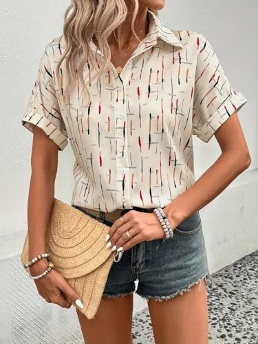 Image of Gufrina Women's Short Sleeve Button Down Shirt with Abstract Brushstroke Print in Beige and Multicolor - Lightweight Casual Summer Top for Relaxed Fit