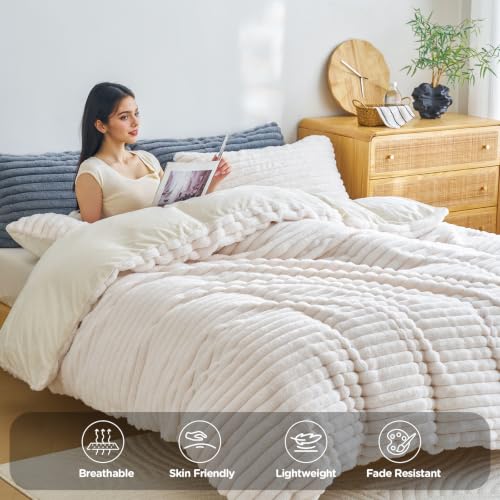 Image of Besfunny White Plush Comforter Cover Full Size ,Fluffy Striped Bedding 2pcs Set(1 Fuzzy Duvet Cover + 1 Fur Pillow Cases ) Faux Fur Luxury Bed Set (White, Twin)