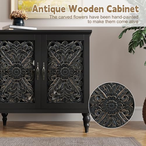 ARTPOWER Accent Cabinet with 2 Doors, Vintage Carved Wood Storage Cabinet, Sideboard Buffet Cabinet with Storage Credenza for Living Room, Kitchen, Dining Room, Entryway, Hallway, Black