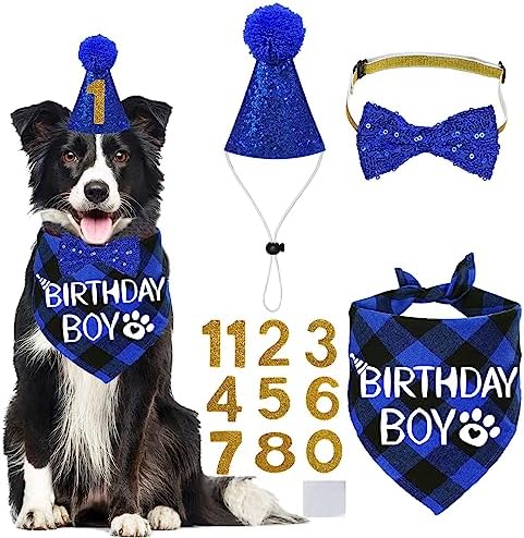 STMK Dog Birthday Party Supplies, Multi Size Dog Birthday Hat Dog Birthday Bandana Boy Bow Tie Birthday Numbers for Medium Large Dogs Pets (Large, Blue)
