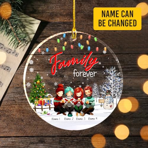 Forever Quote Clear Plastic Ornaments, Christmas Decorations Personalized Name Mom Dad Two Girls with Sweater and Chocolate Cup on Flat Acrylic Ornaments, Gifts for Family Mom Dad Daughter2