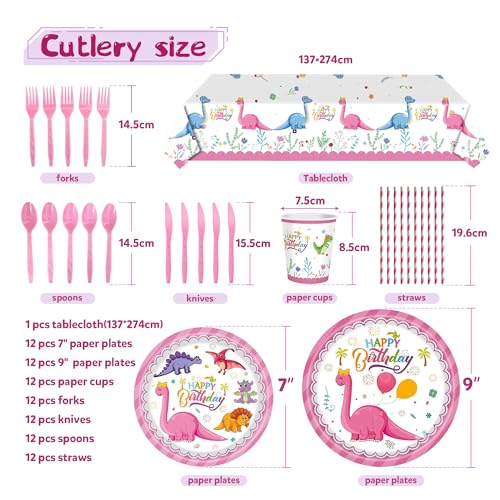 Image of 150 pcs Dinosaur Birthday Party Supplies For Girls (Serves 12), Pink Dinosaur Party Decorations, 50 pcs Latex Balloons, 12 sets Tableware, Plates, Tablecloth, Installation Tools