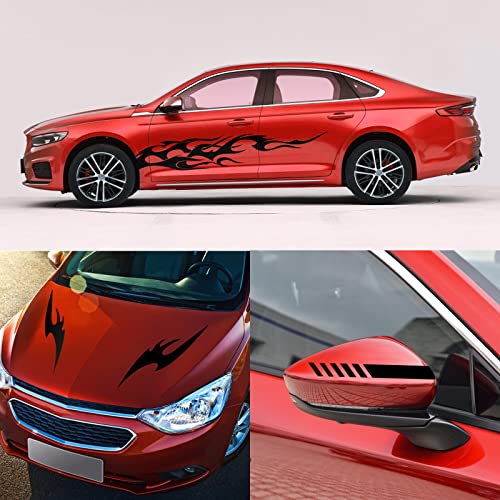 Ruiante 6Pcs Flame Pattern Graphics Stickers Car Side Decal Car Body Door Side Auto Long Stripes Vinyl Decals Racing Cars Accessories Car Hood & Rearview Decoration Universal (Black) #TOP2