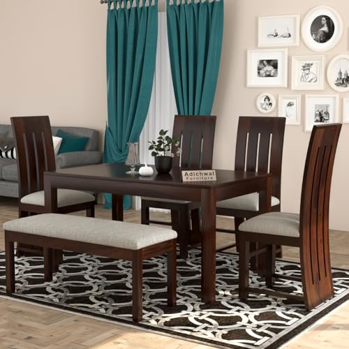 Image of Sheesham Wood 4 Chair with 1 Bench Dining Table Set with Cushioned Chairs for Dining Room | Living Room | | Hotels Restaurant (6 Seater with Bench, Walnut B)