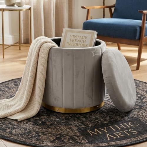Image of Superior Round Storage Ottoman Stool 13 X 13X 16 inch, with Gold Metal Base | Elegant Pouffe with Secret Storage | Cushioned Footrest for Living Room, Bedroom, and Lounge Grey