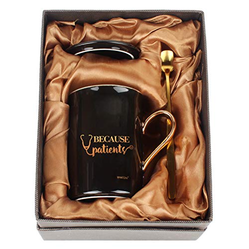 WHATCHA Because Patients Black Gold Funny Coffee Mugs Graduation Birthday Gifts for Doctor Nurse Dentist Graduates Ceramic Novelty Tea Cups 11oz