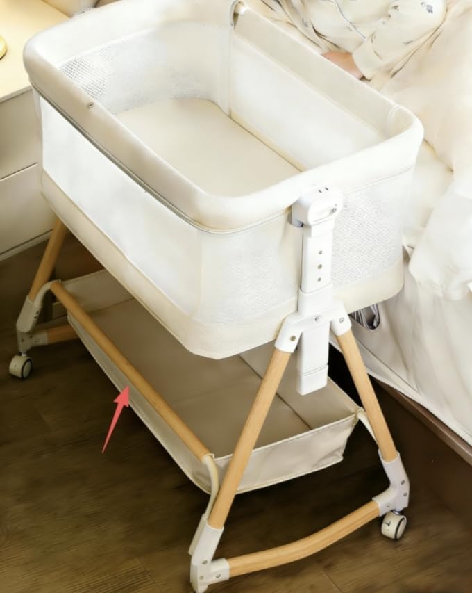 Baby Bassinet, Bedside with Mattress, Storage Basket and Wheels