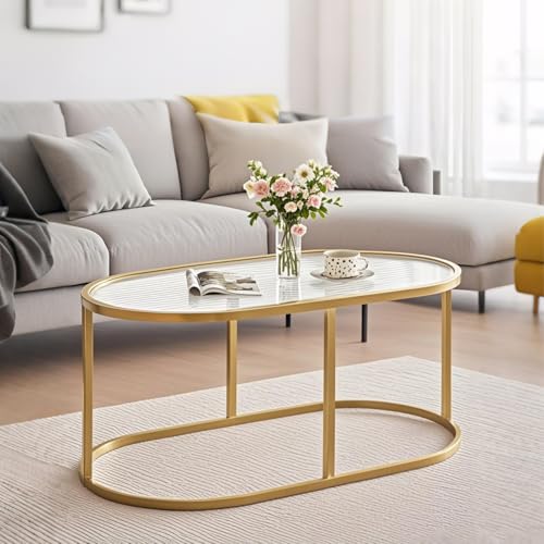 Coffee Table Gold Glass Coffee Table for Living Room Oval Table Center Table with Ribbed Glass Top and Sturdy Metal Frame Modern Glass Accent Tables for Bedroom Home Office