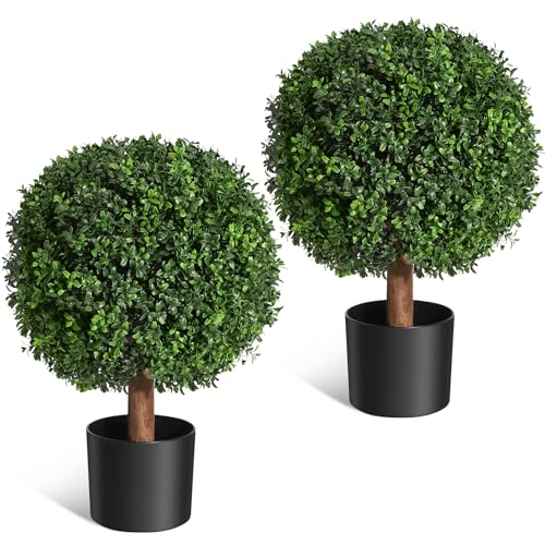 Artificial Set of 2 Boxwood Topiary Ball Trees 24" for Outdoors with Black Nursery Pot, UV Resistant Faux Boxwood Plants Into Anywhere, Evergreen Shru