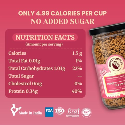 Image of Impulse Coffees Masti Bhari Strawberry Instant Coffee Powder | Strawberry Flavour, Arabica, Smooth Taste, Hot & Cold Coffee | 50g