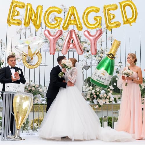 Image of Gold Engagement Party Decorations, Engaged Yay Balloons Letters Banner, Diamond Ring Green Champagne Bottle Balloon Glass Foil Balloon for Bachelorette Engagement Wedding Bridal Shower Party Supplies