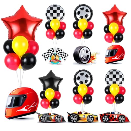 Image of 6 Sets Race Car Party Balloons Stand Kit Racing Car Table Centerpieces Decor Red Black Yellow Balloon Race Car Birthday Party For Boys Let's go Birthday Racing Sports Themed Decorations