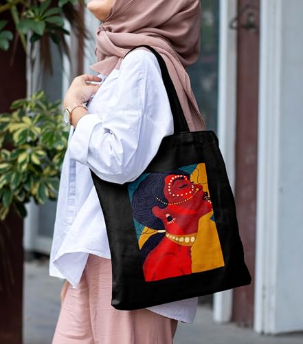 Image of ZORI Black Tote Bag With Pocket Printed Designed Canvas Tote Bags For Women large capacity,Tote bag For Shopping, College, Travel, More Canvas Handbag For Unisex Bag