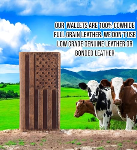 Image of F&L CLASSIC Men's RFID Vintage Look Genuine Leather Long Bifold Wallet Checkbook Wallets,brown flag,240-100