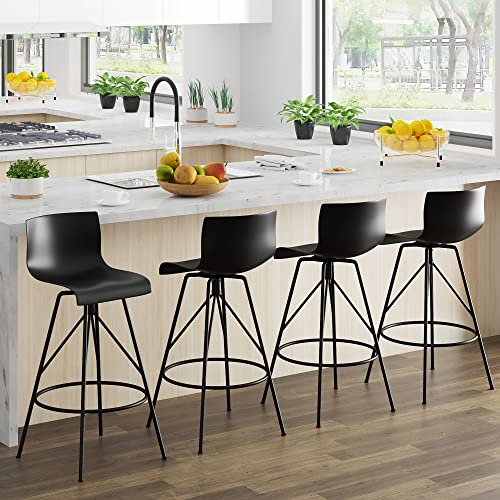 Conjunto de 4 butacos giratorios modernos de plástico negro para barra, con respaldo y patas de metal, altura 24 pulgadas miniatura 3