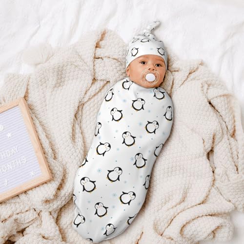 Image of Penguin Cartoon Newborn Swaddle Blanket for baby,Unisex Baby Stuff,Soft for Boys Girls, with Beanie hat Set, Baby Swaddle Wrap for Baby Shower Infant