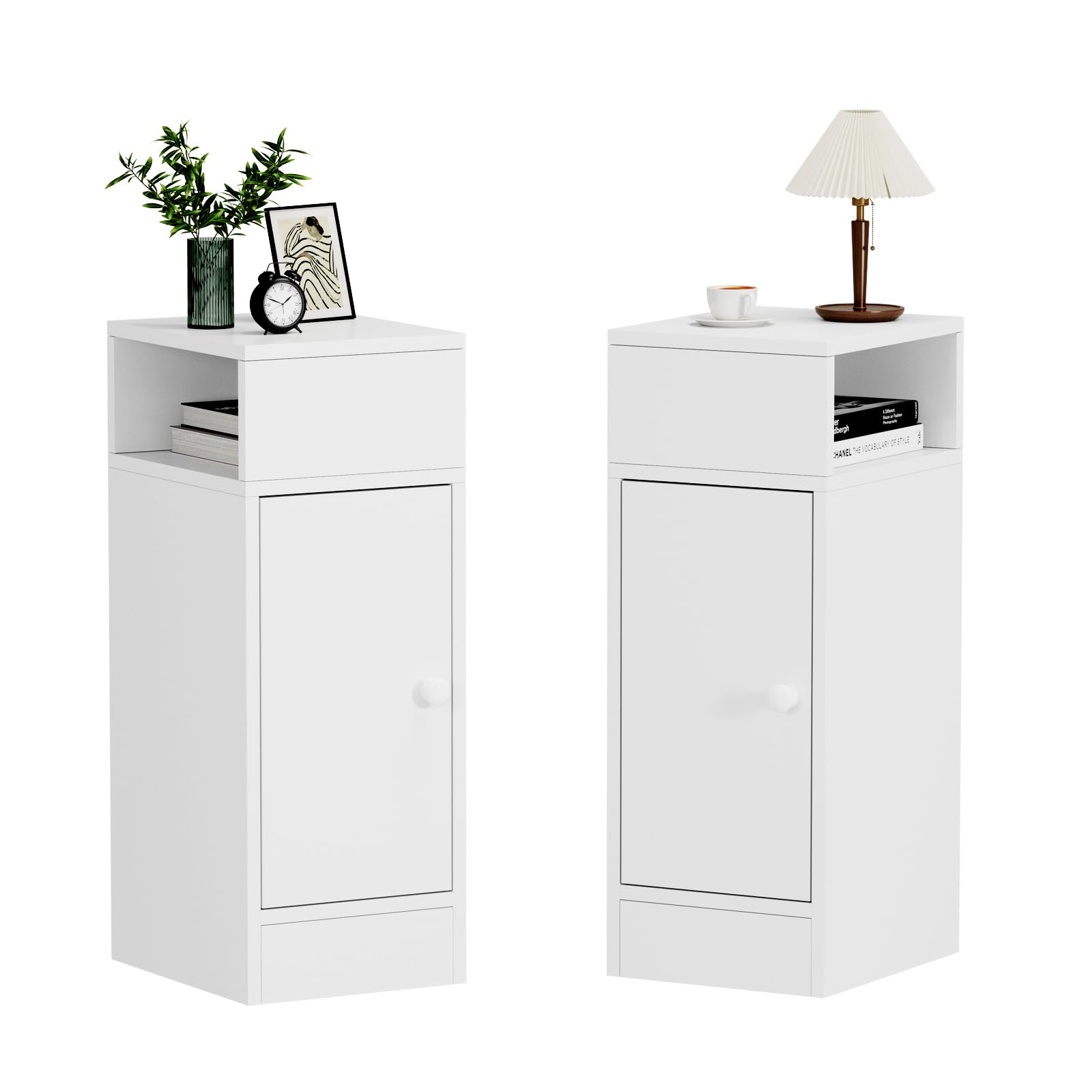 BSTSEL Narrow Wooden Bedside Table Slim Nightstand with 1 Open Compartment, Left & Right Opening Cabinet with 1 Shelf, 25(W)*30(D)*65(H) cm, for Bedroom Living Room White