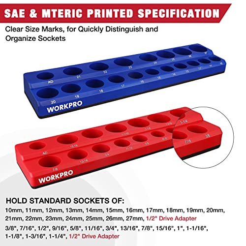 Image of WORKPRO 1 /2-inch Magnetic Socket Organizer Set, 2-Piece SAE & Metric Magnetic Socket Holders, Holds 35 Standard Sockets for Tool Box, Tool Carts (Sockets Not Included)