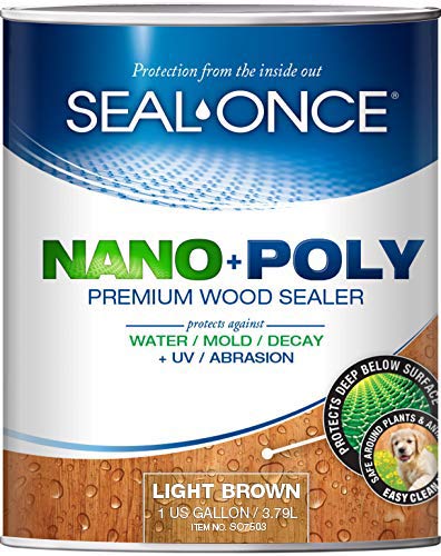 SEAL-ONCE Nano+Poly Ready Mix Penetrating Wood Sealer & Stain with Polyurethane (Light Brown) - Water-Based, Low-VOC, Waterproofing for Decks, Fences, siding & Log Homes. … (1 Gallon)…
