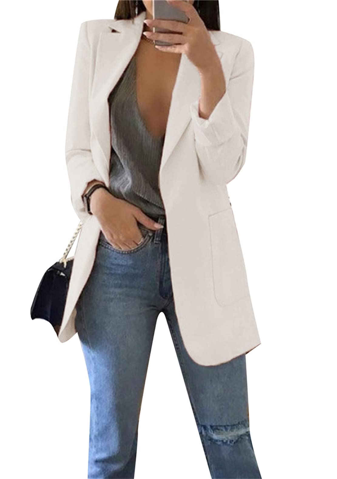 YMING Womens Solid Color Open Front Blazer Long Sleeve Office Jacket Work Cardigan with Pockets Plus Size