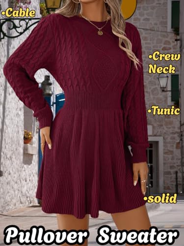Women's Short Sweater Dress, Cinched Waist Long Sleeve Crewneck Cable Knit Dresses, Fall Winter Casual Outfits2