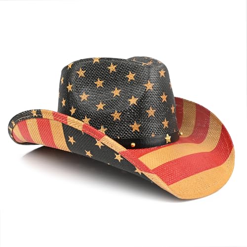 Image of Western Straw Cowboy Hats for Men & Women, Wide Shapeable Brim Cowgirl Sun Hat