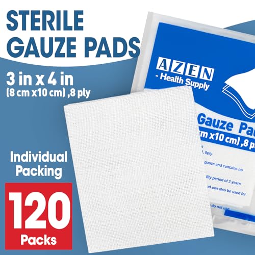 Image of AZEN 120 Pack Sterile Gauze Pads, 3 inch x 4 inch Non Stick Gauze Pads, 8-Ply Cotton Gauze Sponges for Wound Care and First Aid, Highly Absorbent Individually Wrapped Medical Gauzes
