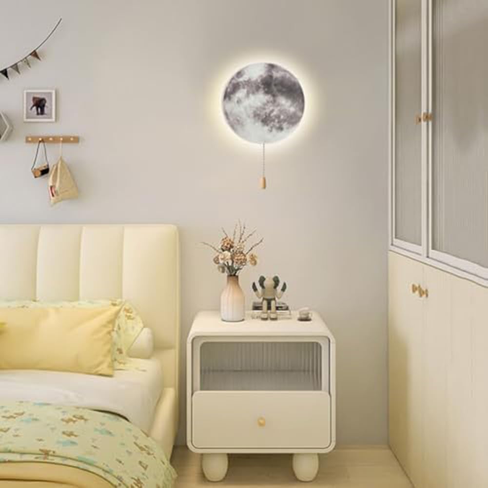Lámpara de pared LED de luna, recargable, inalámbrica, con interruptor de tracción, decoración redonda moderna para niños, iluminación cálida de 3000 K
