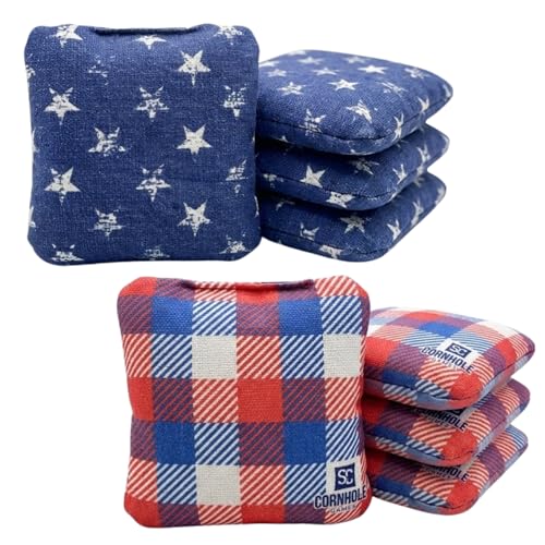 SC Cornhole Games Professional Dual Sided Cornhole Bags- 16 oz 6x6 w/Premium Resin Fill - Official Tournament Slide/Stick Pro Bean Bags - Regulation/Approved (Stars/RWB Plaid)