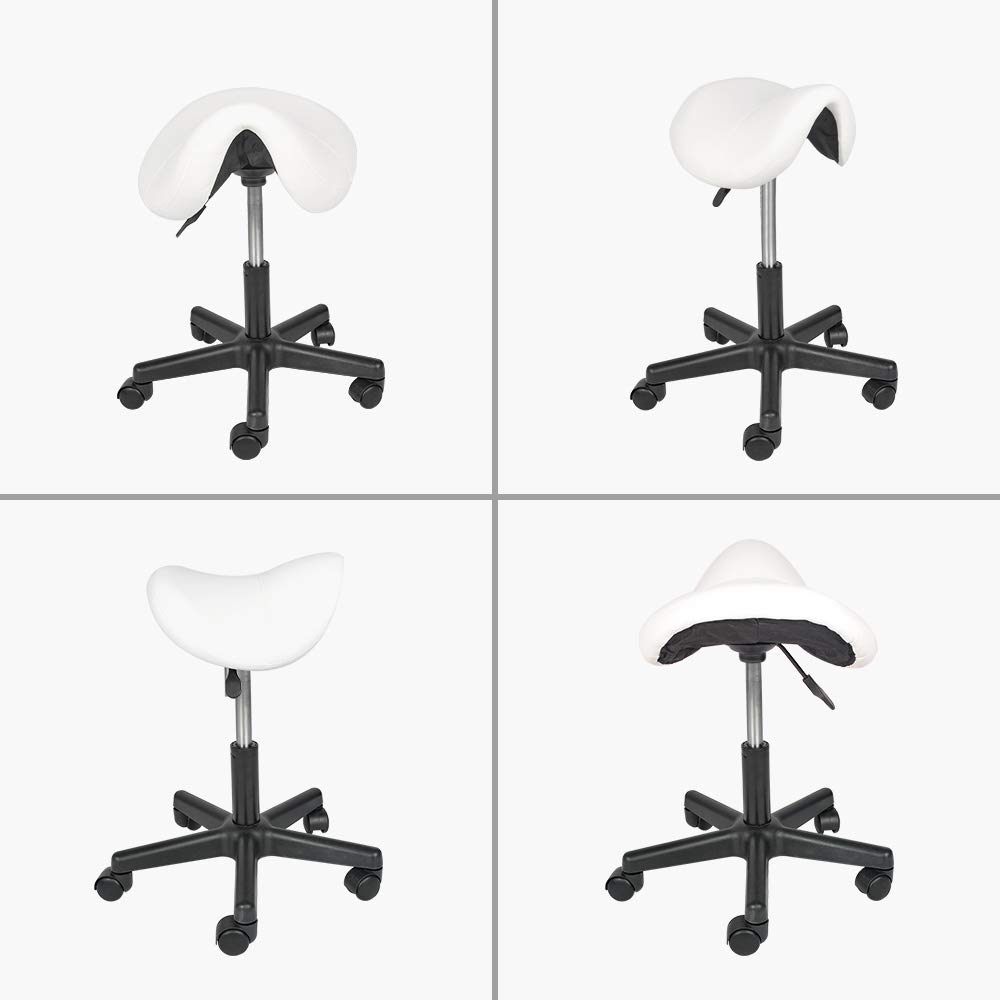 Mingone Sillín con ruedas, altura regulable, taburete de oficina, ergonómico, para peluquería, rotación de 360°, color blanco