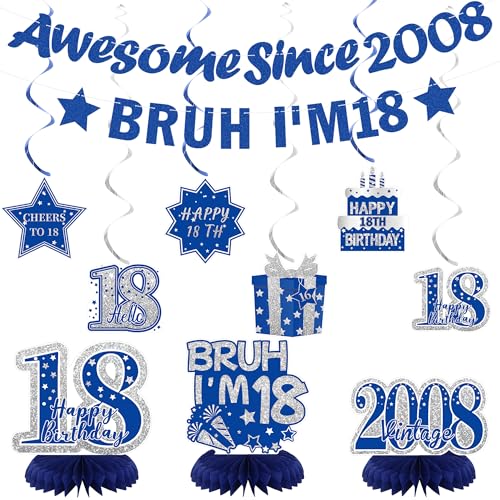 Image of Crenics Blue 2008 18th Birthday Decorations for Boys | Awesome Since 2008 Banner, Bruh I'm 18 Banner, Honeycomb Centerpieces and Hanging Swirls for 18 years old Party Supplies